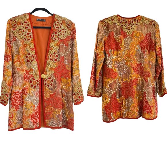 Vintage Louis Féraud 100% Silk Metallic Gold Sequins/ Beaded Jacket & Mini Dress - Picture 3 of 14